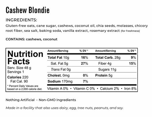 Kakookies Cashew Blondie Energy Snack Cookies Ingredients and Nutrition Facts