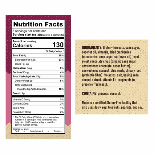 Kakookies Almond Cranberry Oatmeal Cookies bites nutrition and ingredients