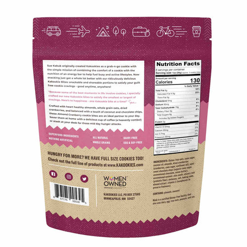 Kakookies Almond Cranberry Oatmeal Cookies bites in a pouch with superfood ingredients