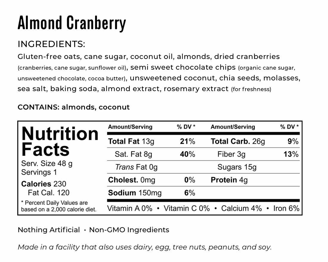Kakookies Almond Cranberry Energy Snack Cookies Nutrition and Ingredient Facts