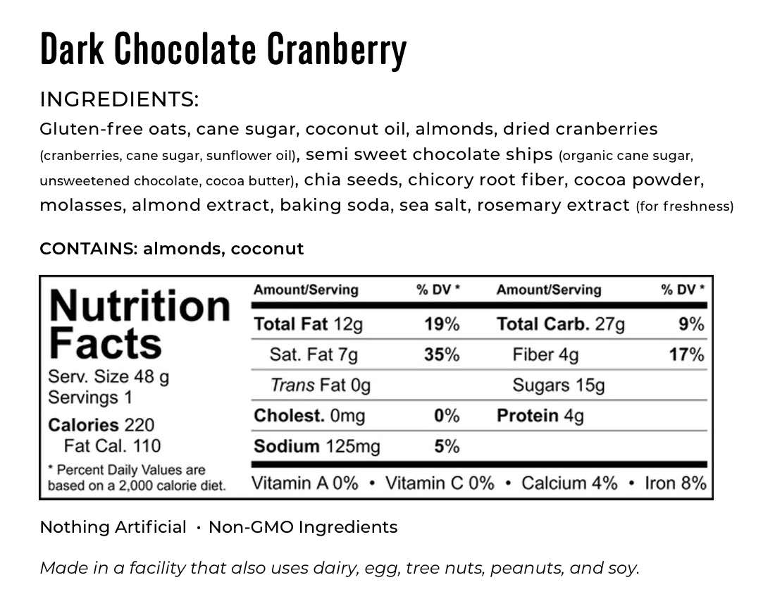 Kakookies Dark Chocolate Cranberry ingredients and nutrition facts