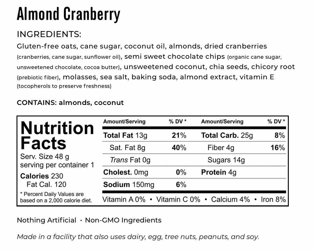 Kakookies Almond Cranberry ingredients and nutrition facts 
