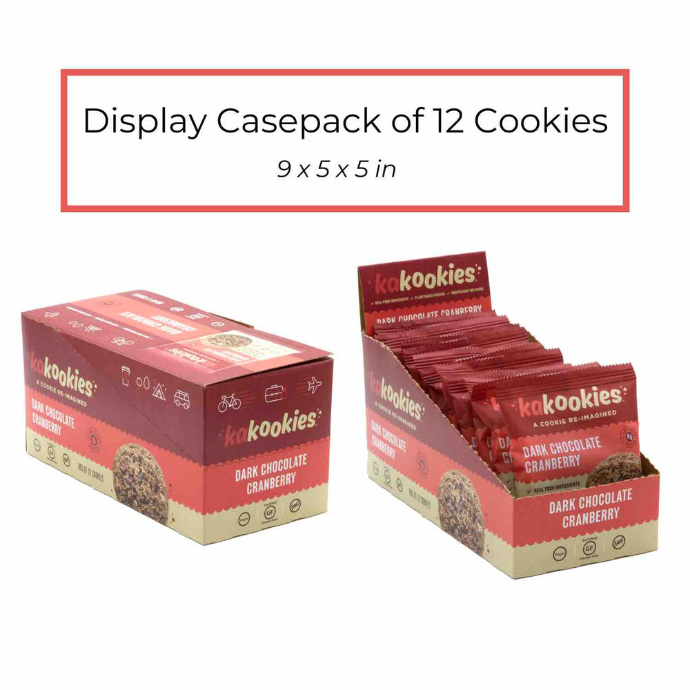 Kakookies Dark Chocolate Cranberry display pack of 12 healthier oatmeal cookies