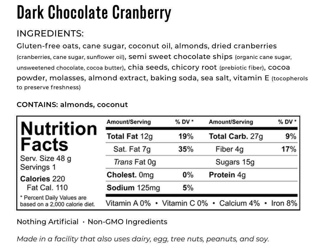 Kakookies Dark Chocolate Cranberry ingredients and nutrition facts 