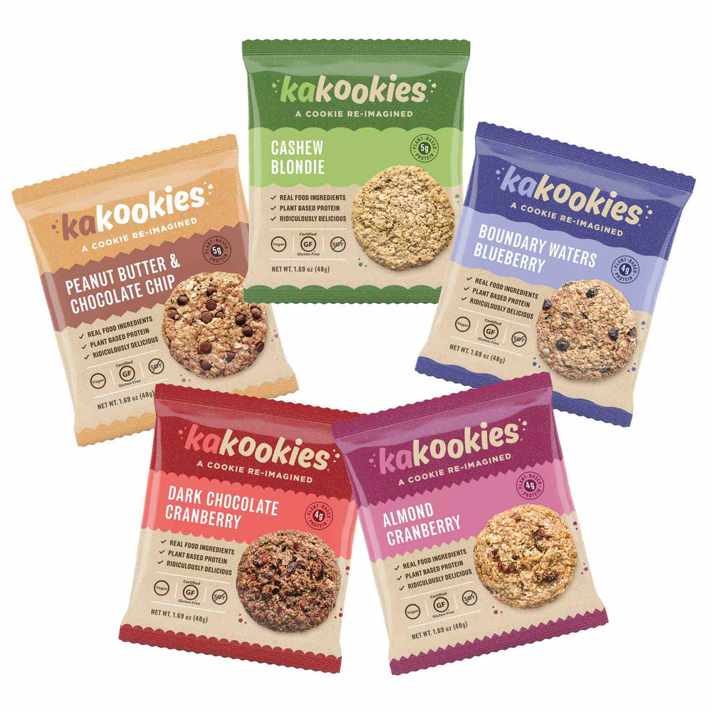 Kakookies Sampler Pack of packaged vegan and gluten free energy snack oatmeal cookies with plant based protein